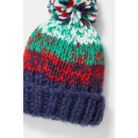 Free People Tide Stripe Knit Pom Beanie Navy Multi Fair Isle Nordic Boho Winter - Picture 2 of 6